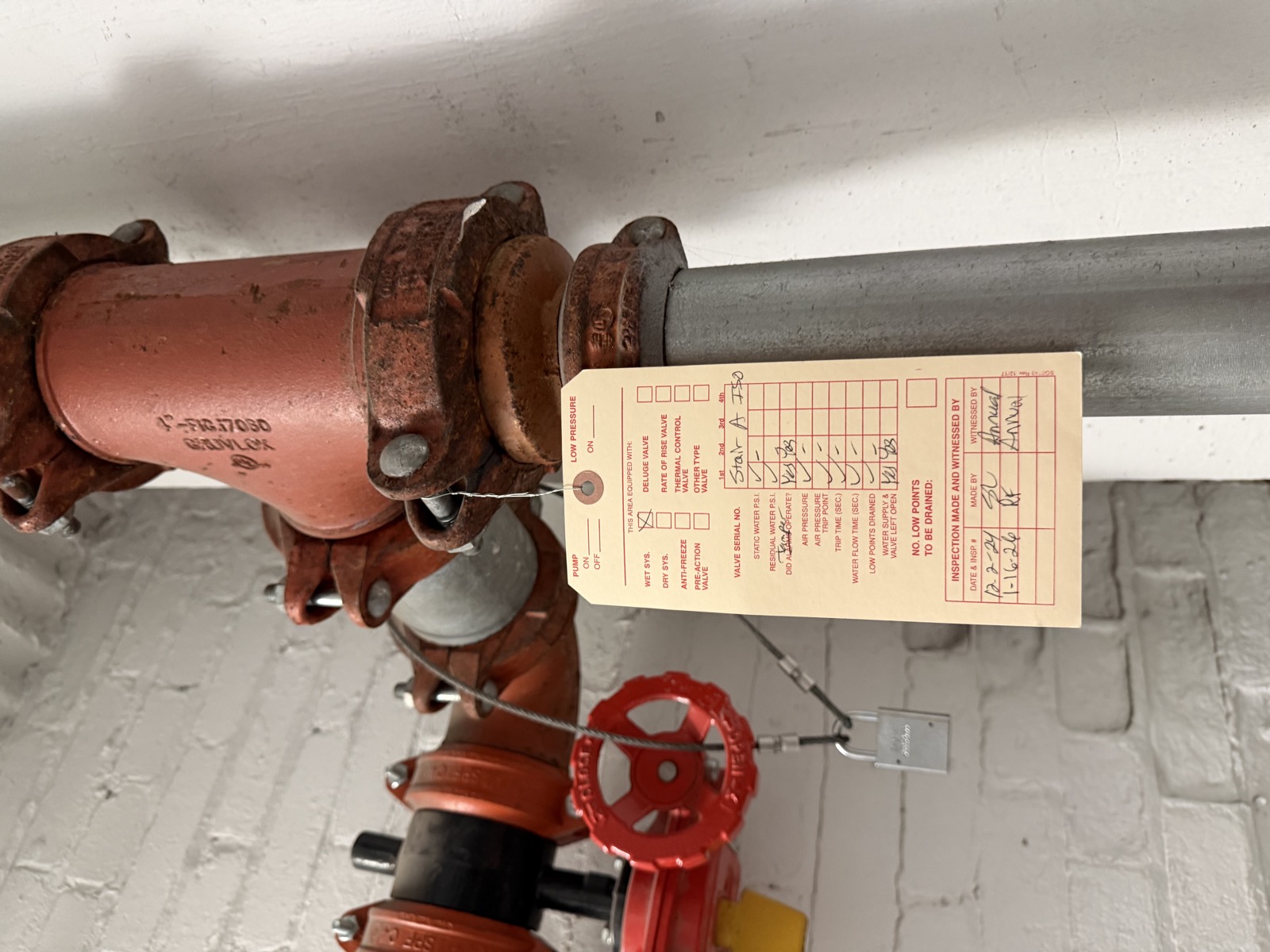 Stair A - Wet System Inspection Tag